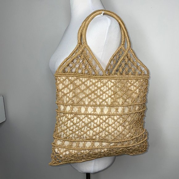 Vintage Handbags - Handmade Straw Natural Raffia Crochet Small Tote Shopper Bag   Cotton Lining sta